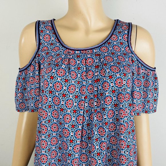 Max Studio Blue Red Bohemian Print Short Cold Should Sleeve Women's S Top - Picture 2 of 4